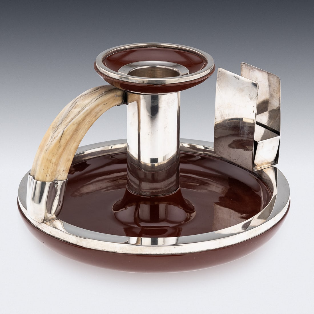 20thC GERMAN SOLID SILVER, CERAMIC & BOAR TUSK CIGARETTE BOX HOLDER & ASHTRAY - 5