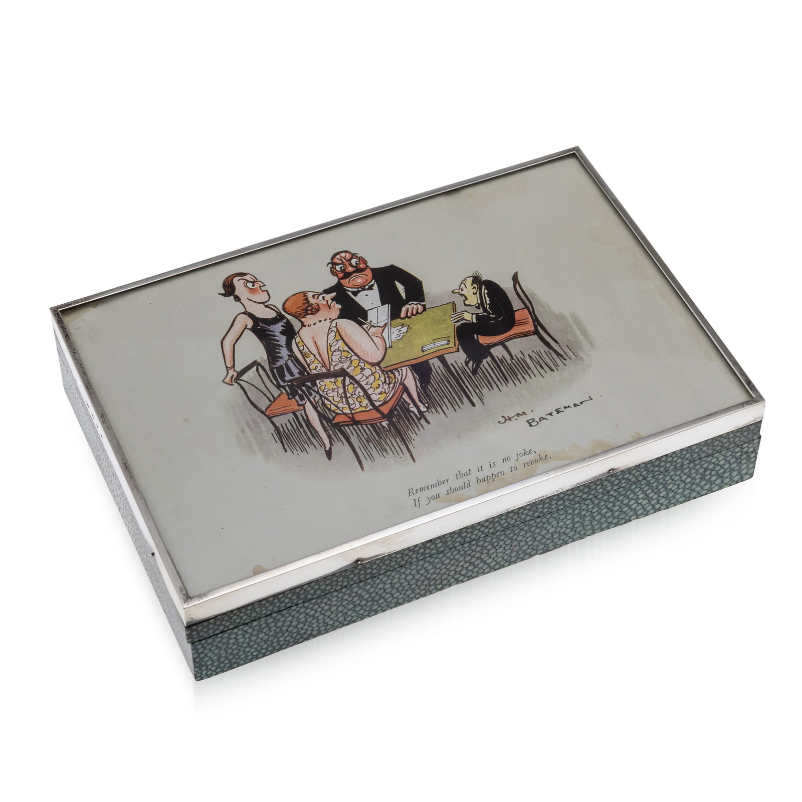 20thC ENGLISH SOLID SILVER & SHAGREEN NOVELTY CIGAR BOX, LONDON c.1929: A 20th Century English solid silver and shagreen cigar box, featuring a novelty artwork by H.M. Bateman set beneath glass and framed in silver on the lid. The illustration bears the inscription: