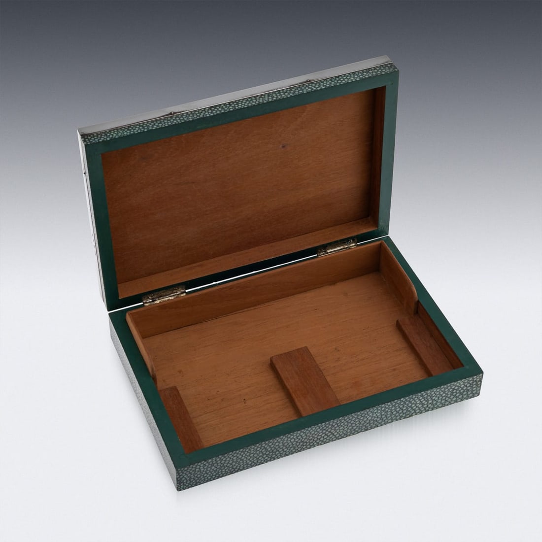 20thC ENGLISH SOLID SILVER & SHAGREEN NOVELTY CIGAR BOX, LONDON c.1929 - 9