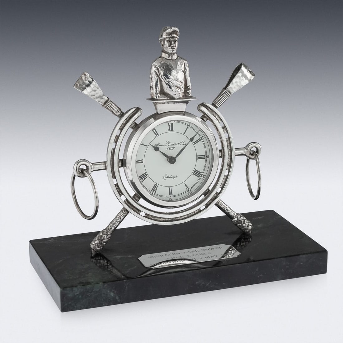 UNUSUAL 20thC SOLID SILVER HORSE RACING CLOCK, EDINBURGH c.1983 - 3