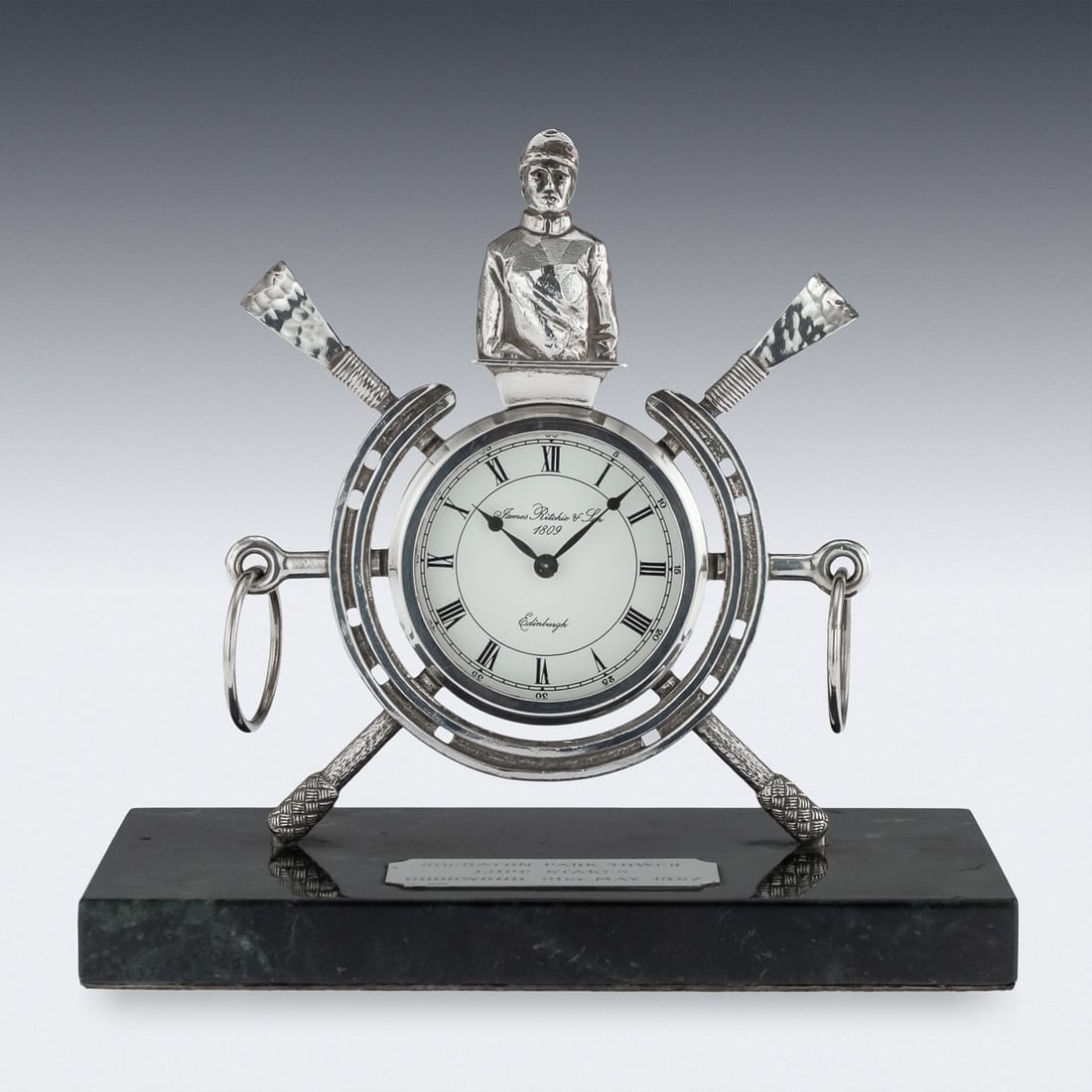 UNUSUAL 20thC SOLID SILVER HORSE RACING CLOCK, EDINBURGH c.1983 - 4