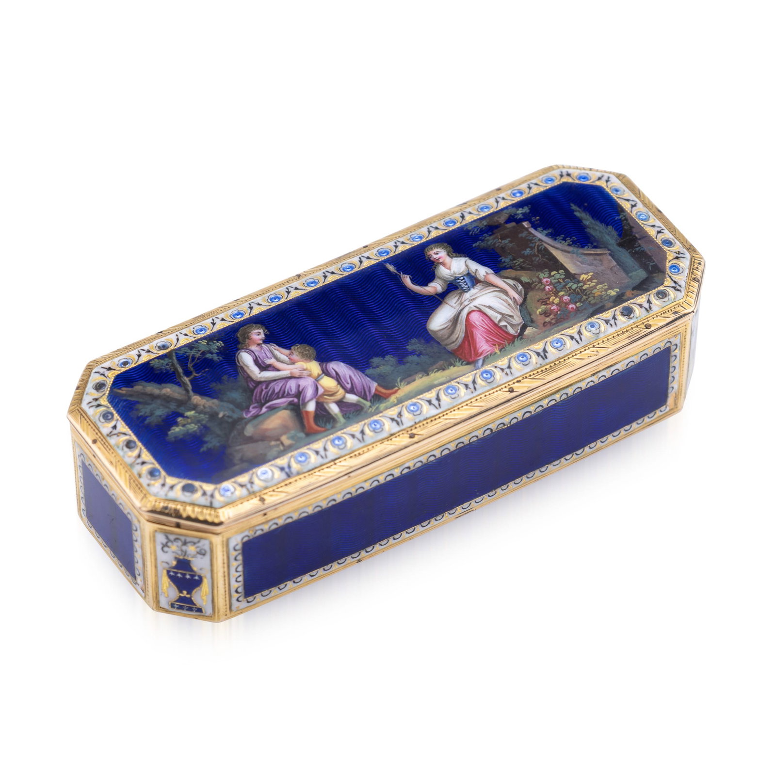 ANTIQUE 19thC GERMAN 18K GOLD & ENAMEL SNUFF BOX, HANAU c.1820: Antique early 19th Century German (Hanau) snuff box in 18-carat gold and enamel. Rectangular with canted corners, the lid is painted with a finely detailed allegorical scene of fecundity, depicting