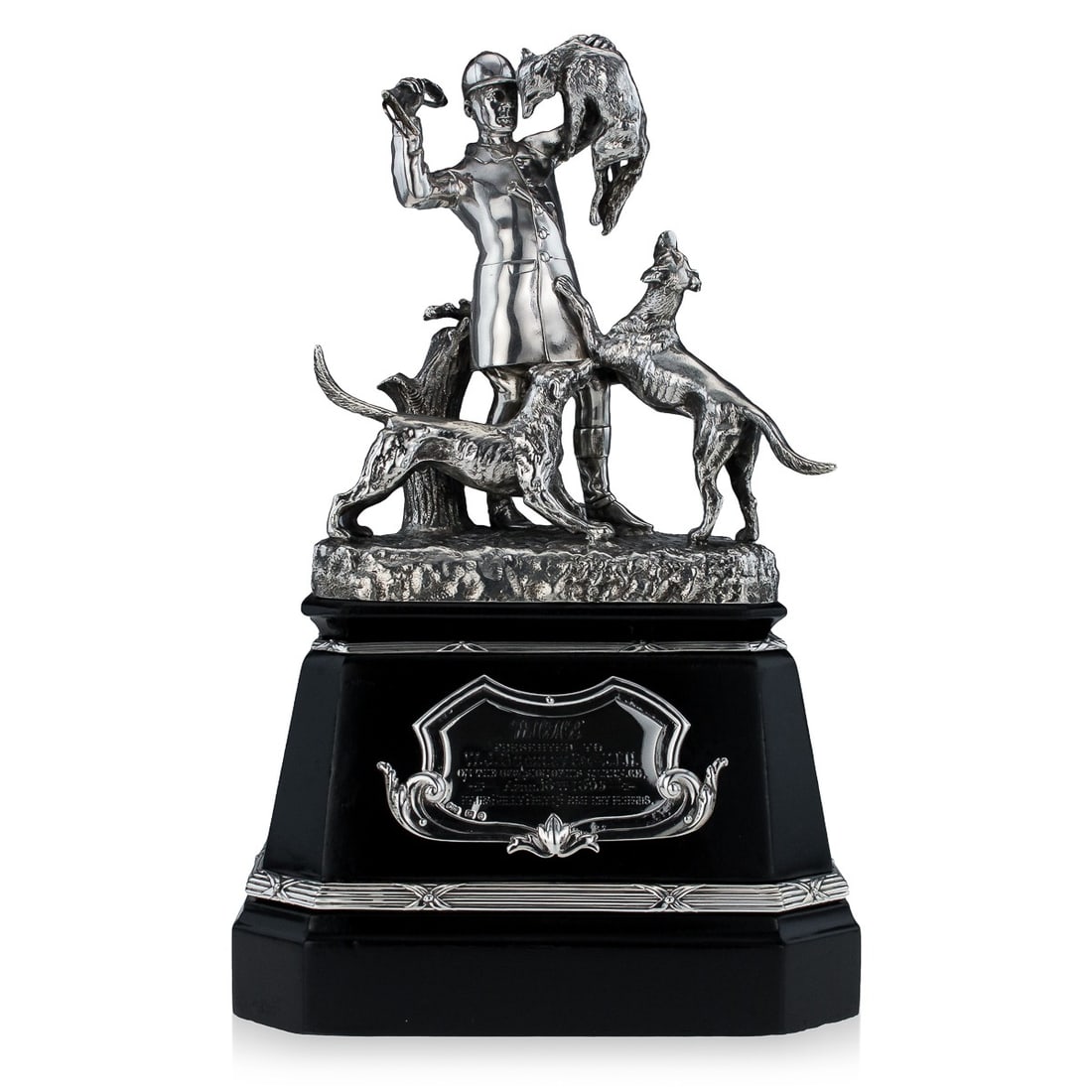 ANTIQUE 19thC VICTORIAN SOLID SILVER HUNTING TROPHY, ELKINGTON c.1894: Antique 19th Century Victorian Solid Silver important figural hunting statue, dipicting a huntsman holding a fox and his hounds at his feet. Standing tall on an ebonized plinth applied with an