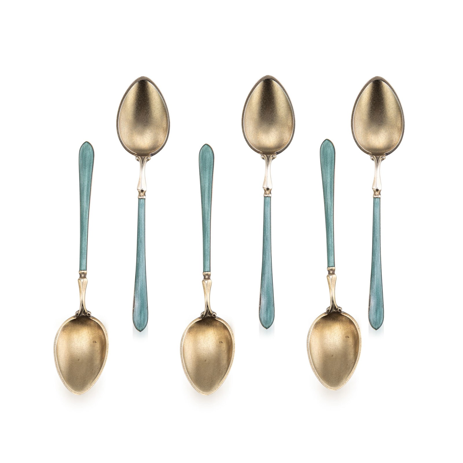 ANTIQUE 20thC NORWEGIAN SOLID SILVER GILT & ENAMEL SET OF SIX SPOONS, BERGEN: Antique 20th Century Norwegian set of six silver gilt and guilloché enamel coffee spoons by Marius Hammer of Bergen, dating to the early 20th century and retaining their original fitted
