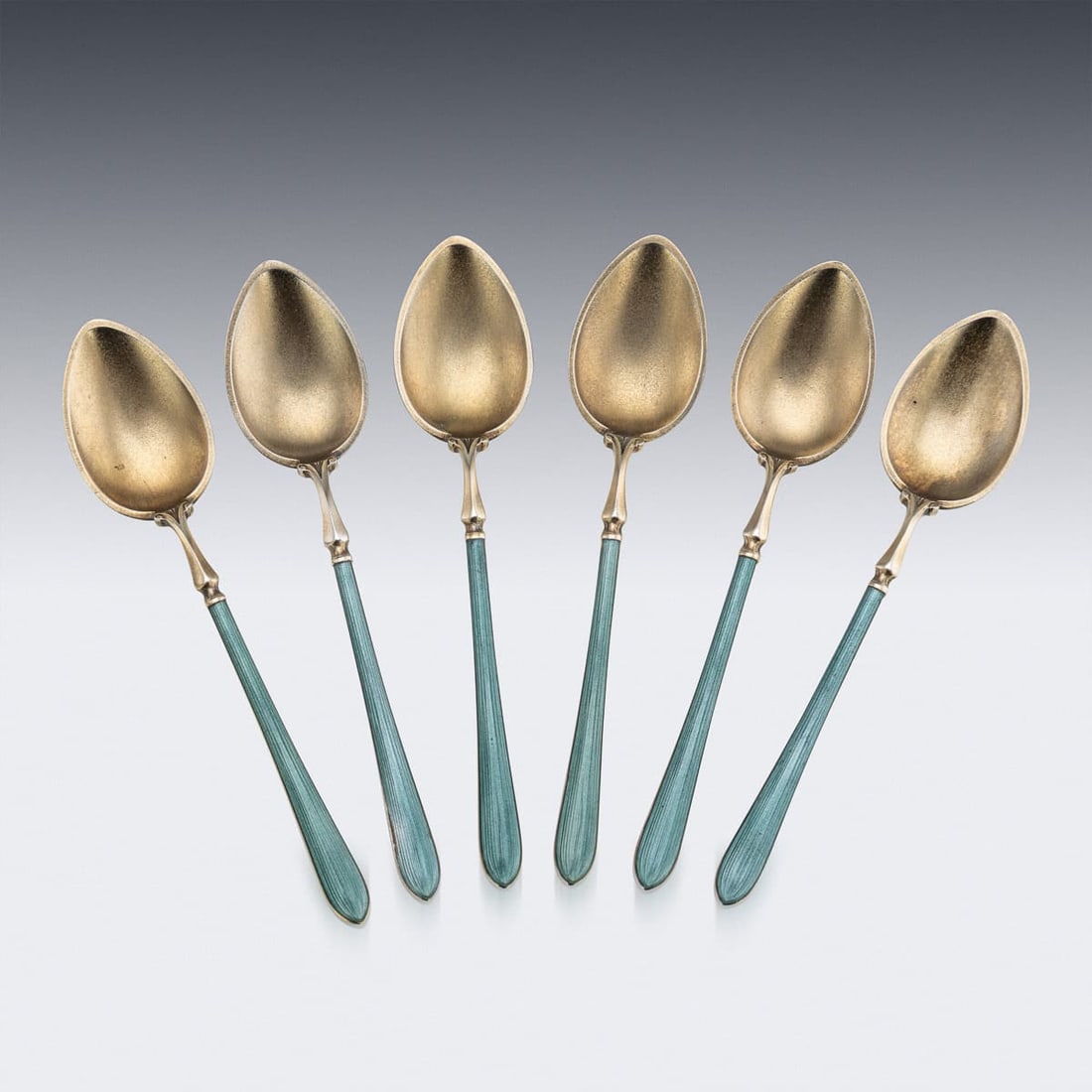 ANTIQUE 20thC NORWEGIAN SOLID SILVER GILT & ENAMEL SET OF SIX SPOONS, BERGEN - 3