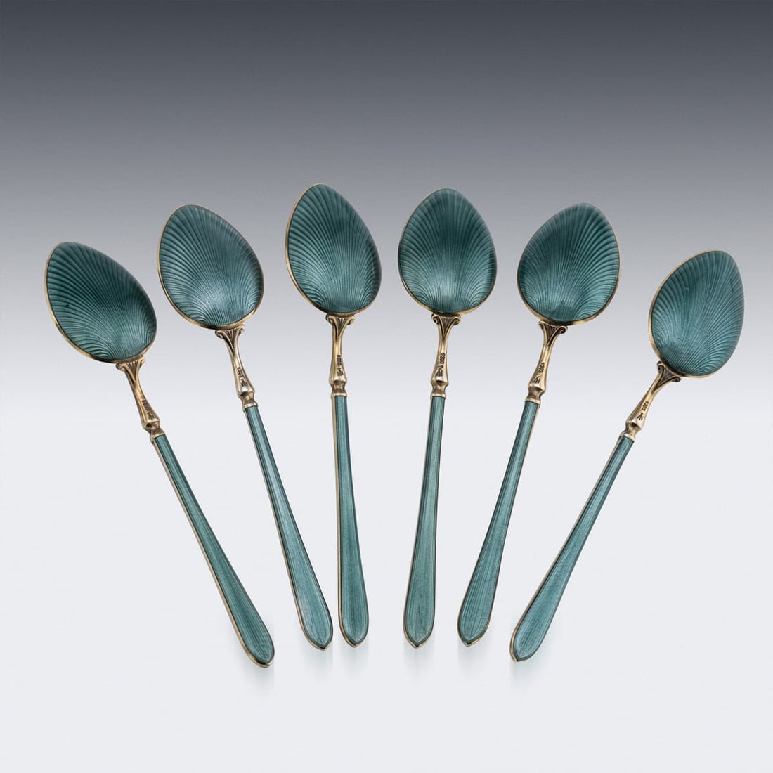 ANTIQUE 20thC NORWEGIAN SOLID SILVER GILT & ENAMEL SET OF SIX SPOONS, BERGEN - 4
