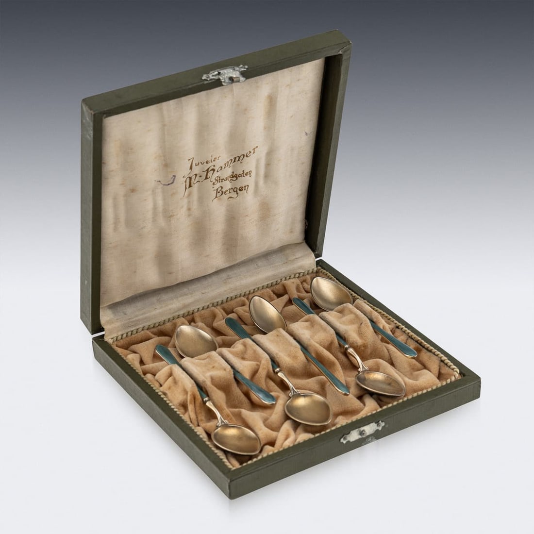 ANTIQUE 20thC NORWEGIAN SOLID SILVER GILT & ENAMEL SET OF SIX SPOONS, BERGEN - 6