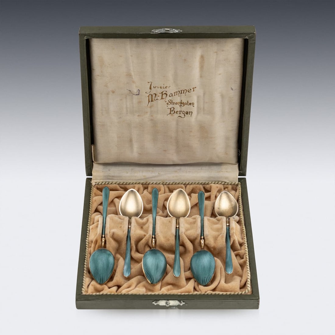 ANTIQUE 20thC NORWEGIAN SOLID SILVER GILT & ENAMEL SET OF SIX SPOONS, BERGEN - 8