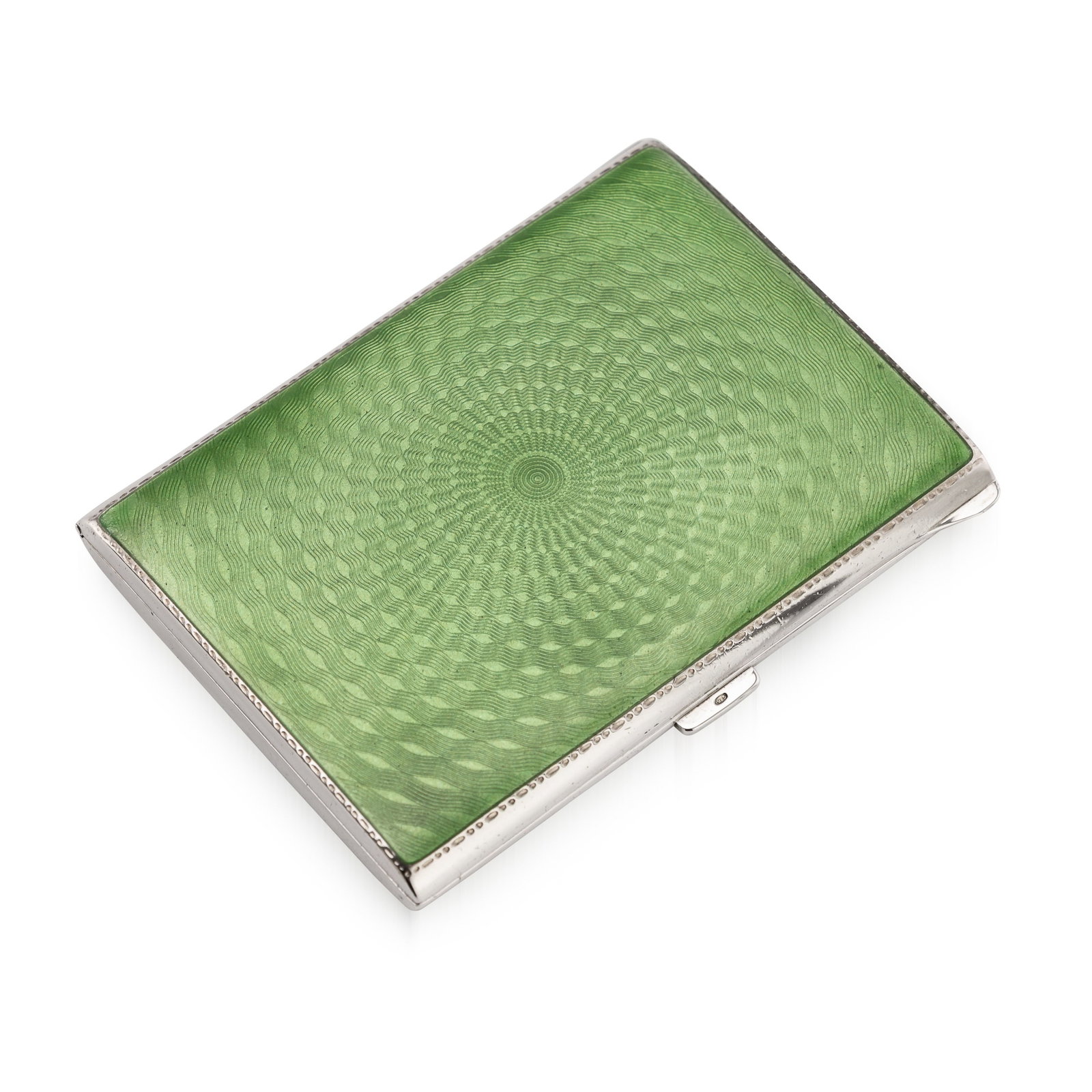 20thC ART DECO SOLID SILVER & GUILLOCHE ENAMEL CIGARETTE CASE c.1929: 20th Century silver and guilloche enamel cigarette case, of a rectangular form with rounded sides. The one side of the body is enamelled in translucent green over a circular spiral engine turned groun