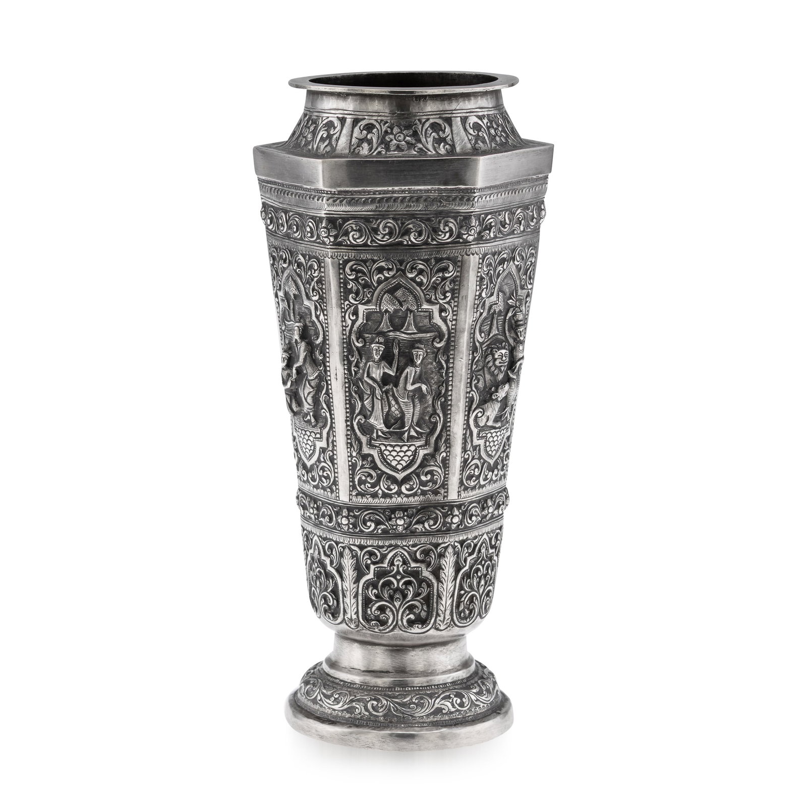 ANTIQUE 20thC BURMESE REPOUSSÉ SOLID SILVER "VESSANTARA JATAKA" VASE c.1915: Antique early 20th Century exceptional Burmese (Myanmar) solid silver vase, repoussé decorated in high relief with scenes from Burmese mythology, depicting scenes from the Jataka Tales,