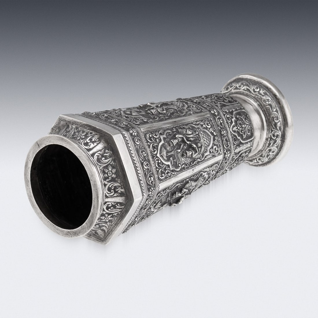 ANTIQUE 20thC BURMESE REPOUSSÉ SOLID SILVER "VESSANTARA JATAKA" VASE c.1915 - 6