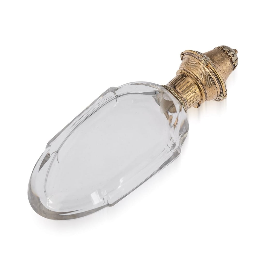 ANTIQUE 19thC FRENCH 18K GOLD MOUNTED SCENT PERFUME BOTTLE c.1890: 19th Century French 18k gold mounted perfume bottle, lozenge shaped glass body set with a gold collar and hinged lid engraved with engine turning and scrolling foliage. Apparently unmarked (tested