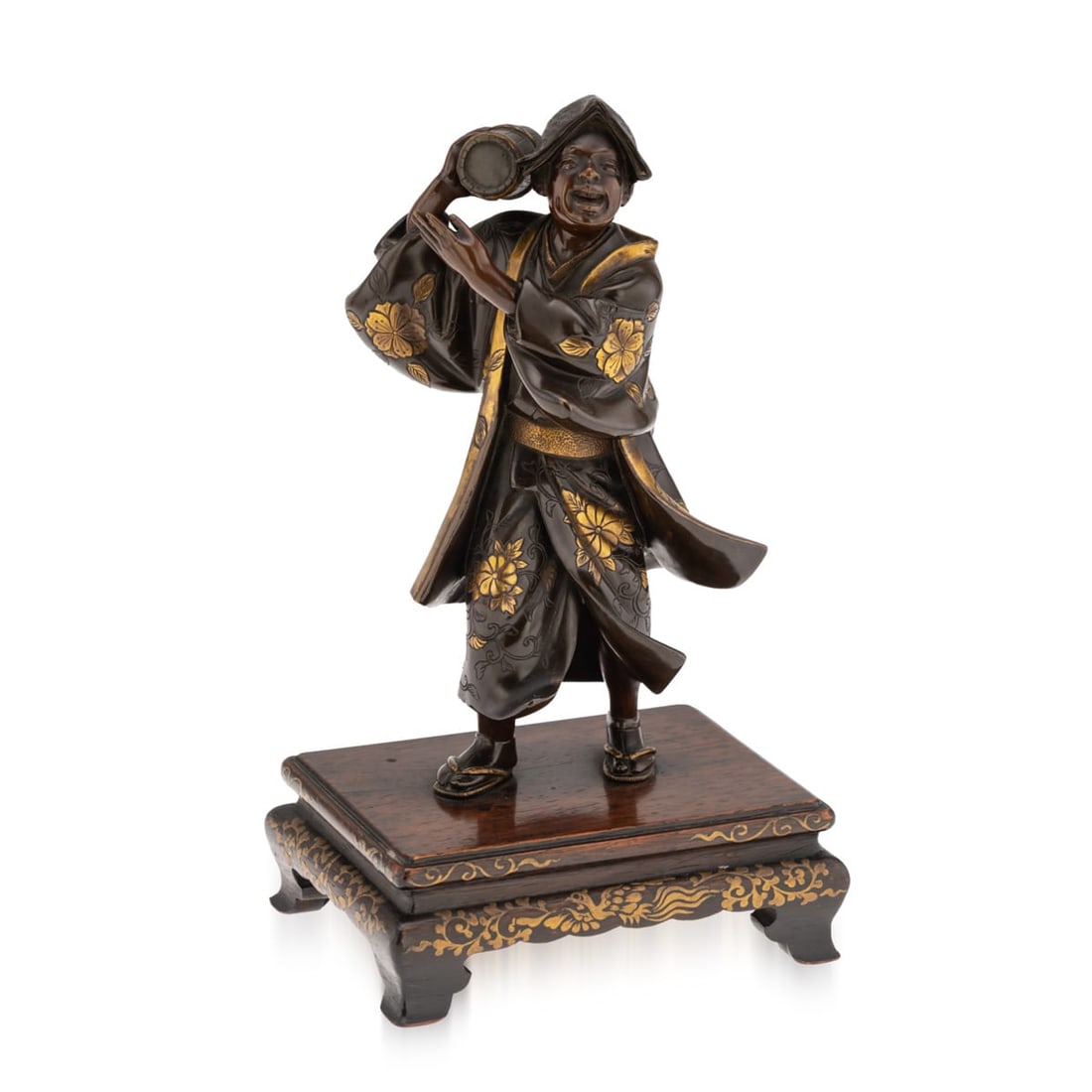 ANTIQUE 19thC JAPANESE GILT BRONZE FIGURE OF A KAWARABAN BY MIYAO EISUKE COMPANY C.1890: Antique 19th Century Japanese gilt bronze figure of a kawaraban by the Miyao Eisuke Company of Yokohama. The figure stands wearing a long jacket over a kimono decorated with cherry blossoms, beating