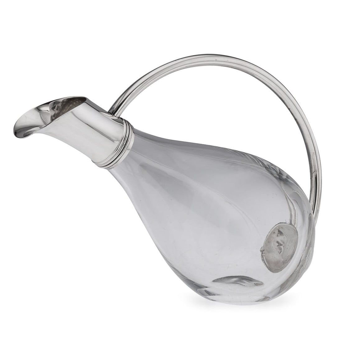 MODERN 21stC BRITISH SOLID SILVER MOUNTED GLASS WINE JUG, ASPREY c.2004: Modern 21st Century Italian solid silver and glass wine decanter. The round, bulbous glass body features an extended spout, complemented by a silver handle attached at the rear. The handle curves