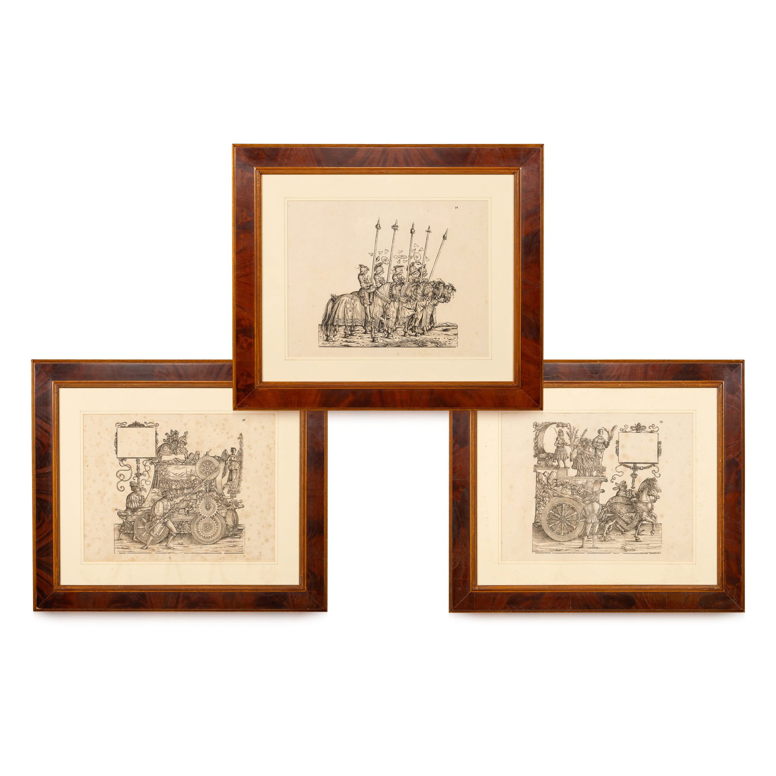 ANTIQUE 19thC GERMAN SET OF THREE FRAMED WOODCUTS FROM "TRIUMPHS OF MAXIMILIAN": A handsome set of three framed woodcuts from the celebrated series The Triumphs of Maximilian, designed by Hans Burgkmair the Elder and issued as a 19th-century edition after the original early