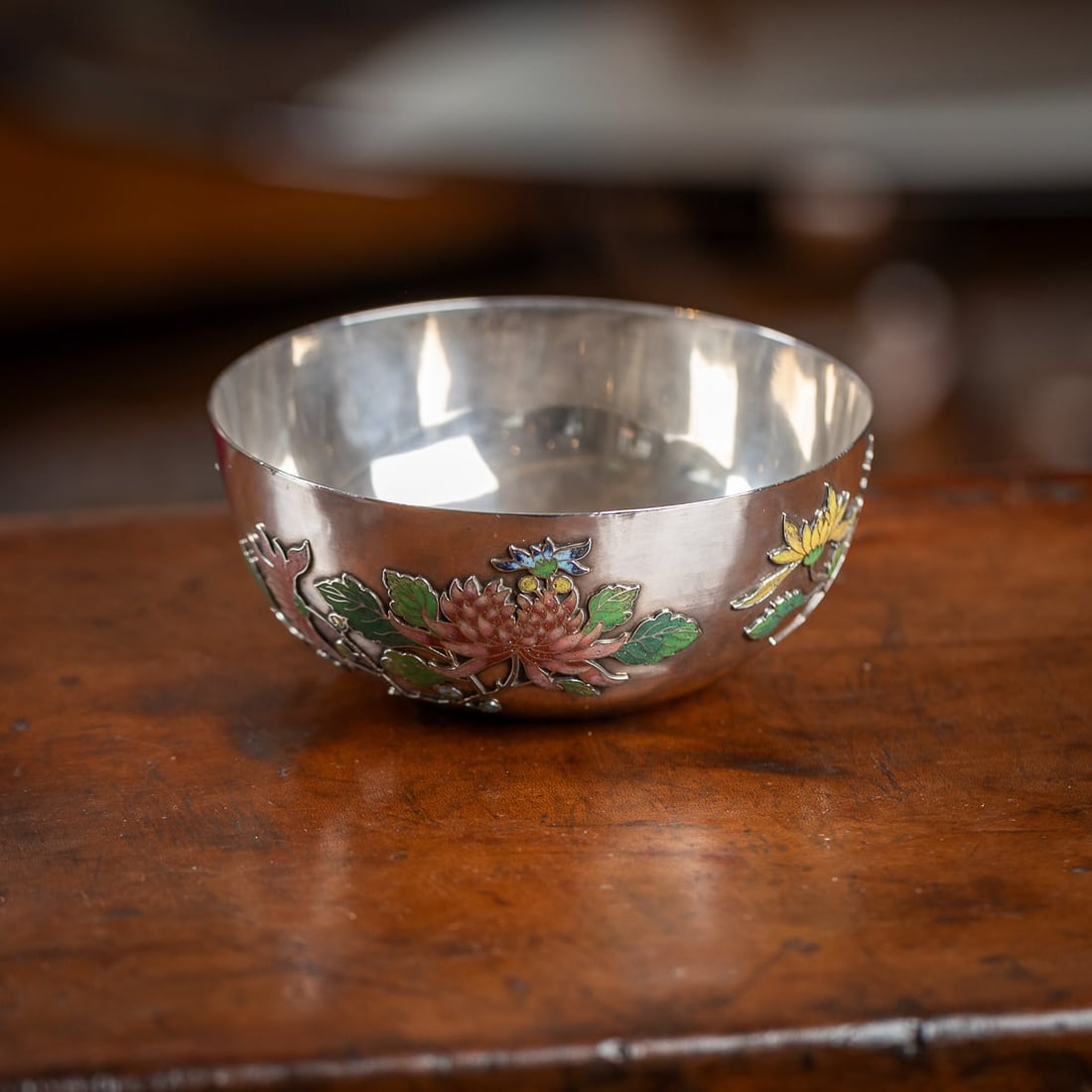 ANTIQUE 19thC RARE CHINESE EXPORT SOLID SILVER & ENAMEL BOWL, WANG HING c.1890 - 2