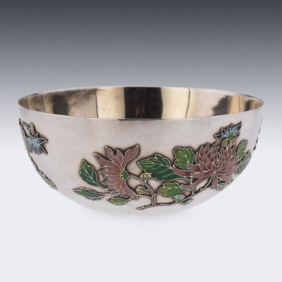 ANTIQUE 19thC RARE CHINESE EXPORT SOLID SILVER & ENAMEL BOWL, WANG HING c.1890 - 3
