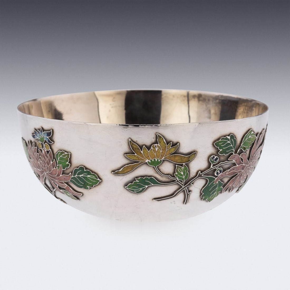 ANTIQUE 19thC RARE CHINESE EXPORT SOLID SILVER & ENAMEL BOWL, WANG HING c.1890 - 4