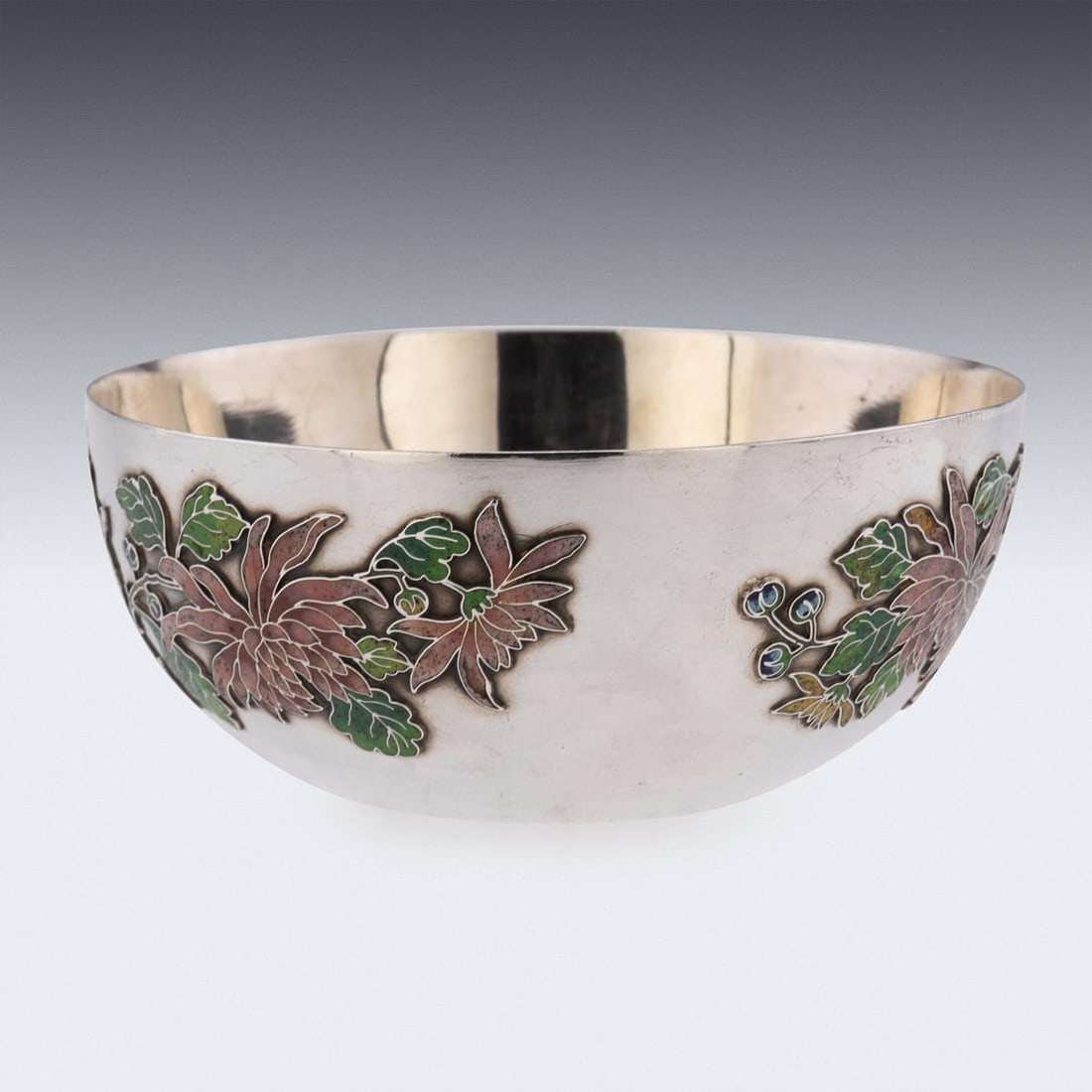 ANTIQUE 19thC RARE CHINESE EXPORT SOLID SILVER & ENAMEL BOWL, WANG HING c.1890 - 5