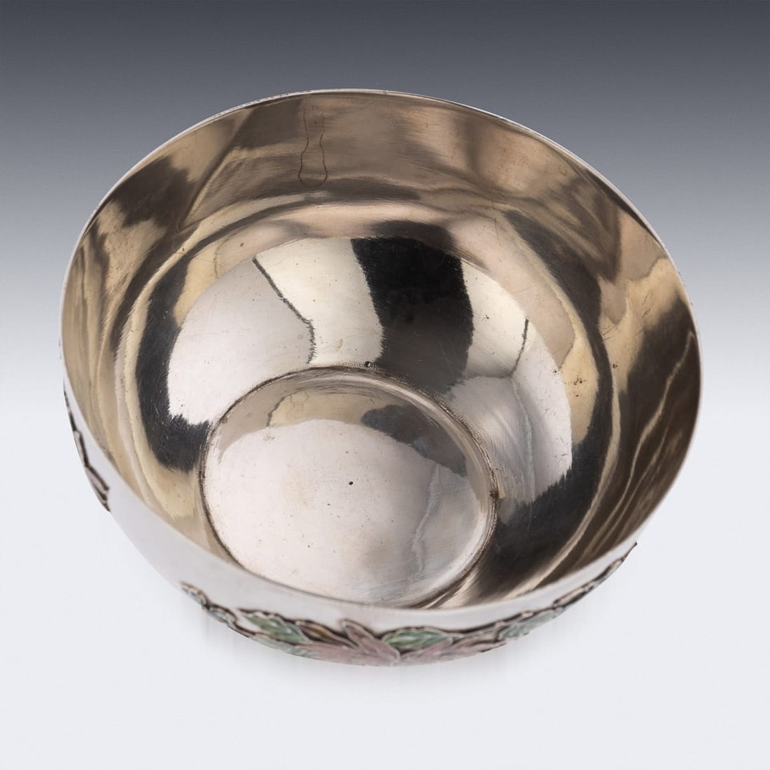 ANTIQUE 19thC RARE CHINESE EXPORT SOLID SILVER & ENAMEL BOWL, WANG HING c.1890 - 6
