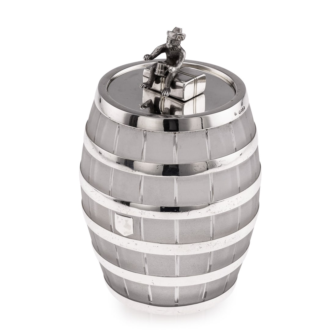 ANTIQUE 19thC VICTORIAN SOLID SILVER & GLASS 'WHISKY BARREL' ICE BUCKET c.1864: Antique 19th Century Victorian solid silver and frosted glass ice bucket, modelled in the form of a whisky barrel. This imaginative piece captures the inventive spirit of the Victorian era, combining