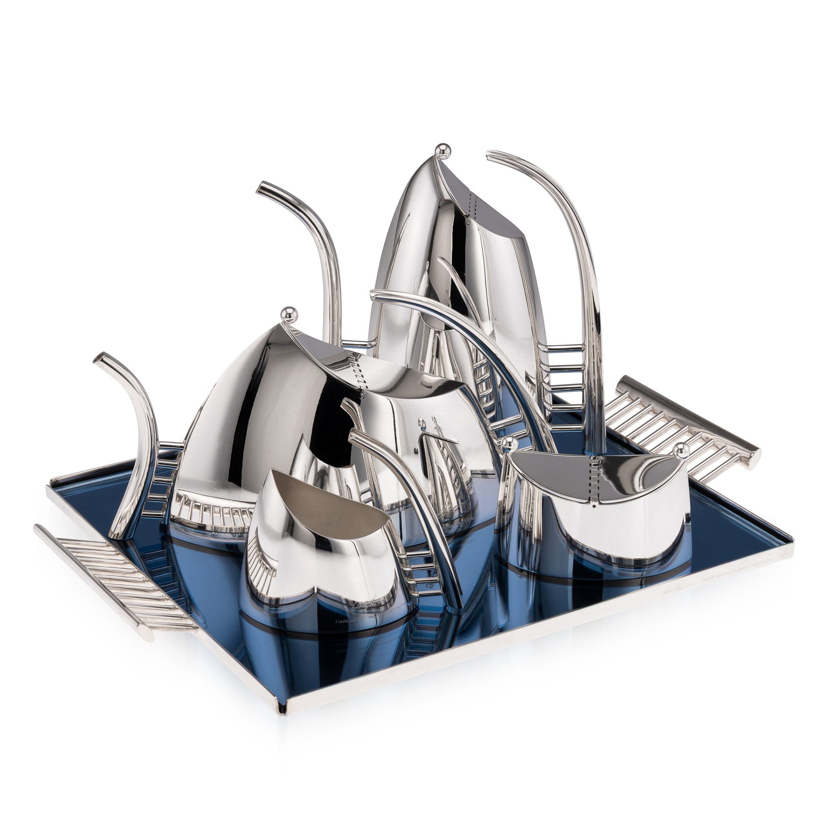 VINTAGE 20thC ITALIAN SILVER PLATED FIVE PIECE TEA SET BY SABATTINI: Vintage 20th Century Italian silver plated five piece tea set, designed in 1989 for Argenteria Sabattini, Bregnano. The set is notable for its strikingly unconventional design, characterised by sleek,
