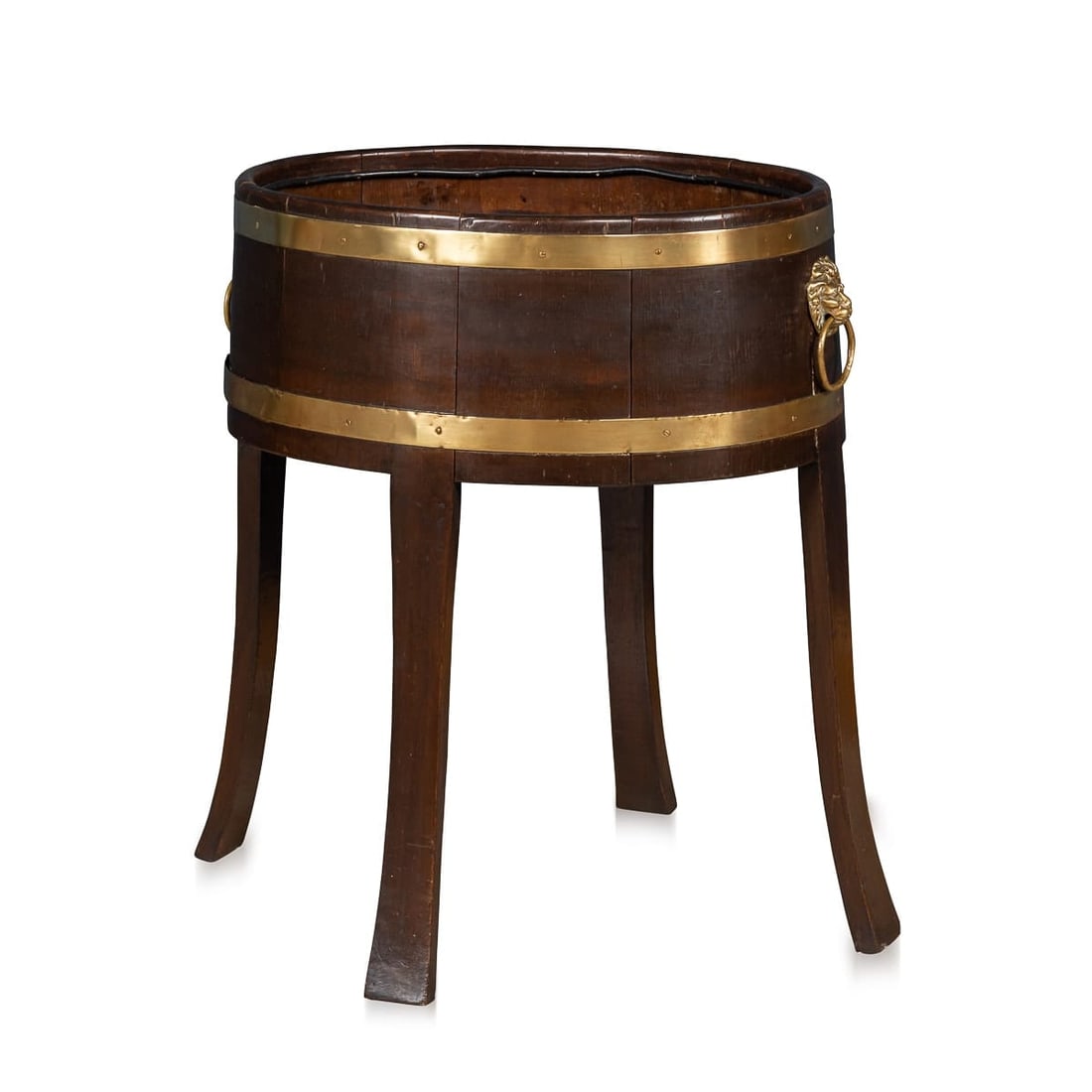 A MID 20thC ENGLISH OAK & BRASS BOUND JARDINIERE c.1940: A delightful oak jardiniere or wine cooler made in England around the middle of the 20th century. As is so typical of these items, the jardiniere is constructed with oak slats bound together by a