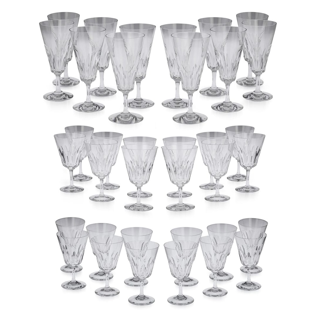 COMPLETE SET OF 36 DRINKING GLASSES BY BACCARAT, FRANCE c.1960: A stunning set of crystal drinking glasses made by the world renowned glass manufacturer Baccarat, France around the middle of the 20th century. This stunning set comprises of twelve red wine