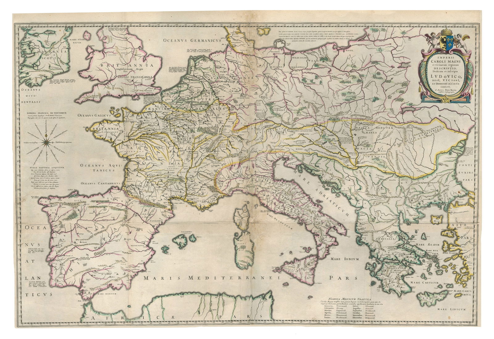 Wall Map of the Empire of Charlemagne by Blaeu, Bertius (1620) " Imperii Caroli Magni": This rare 4-sheet wall map, titled Imperii Caroli Magni et vic vicinarum regionum Descriptio, Dedicata et inscripta Ludovico, Regi, Victori Et Defensori Ecclesiae Christi, was created by Petrus Bertiu