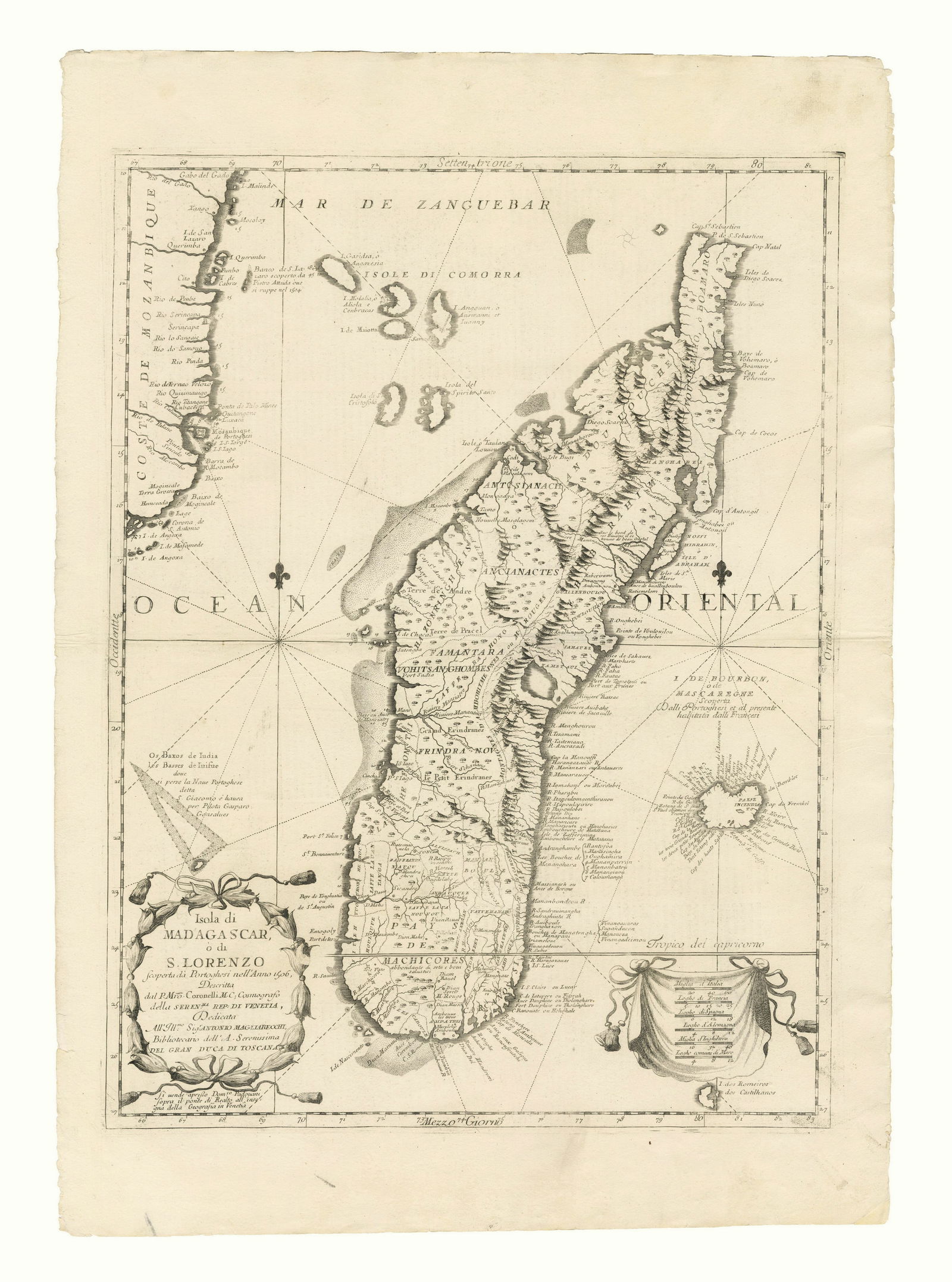 Coronelli's c.1690 "Isola di Madagascar" Antique Map, Mozambique Coastline, Comoros & Reunion (1 of 9)