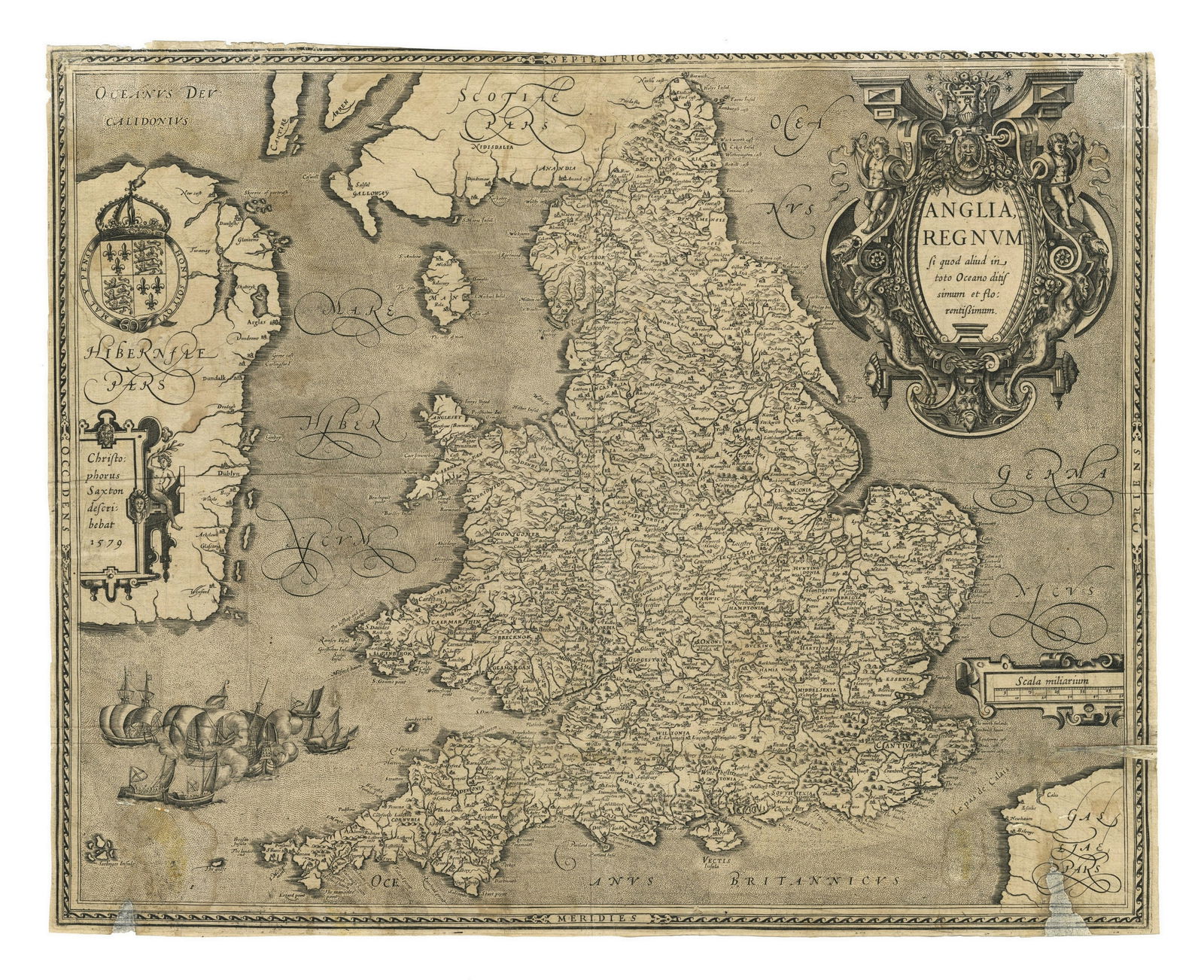 "Anglia, Regnum" antique Map, Vrients, Ortelius, Antwerp, c. 1603: This important map of the United Kingdom, Anglia, Regnum si quod aliud in toto Oceano ditissimum et florentissimum, was created by Vrients for the Abraham Ortelius atlas in c. 1603, based on Christoph