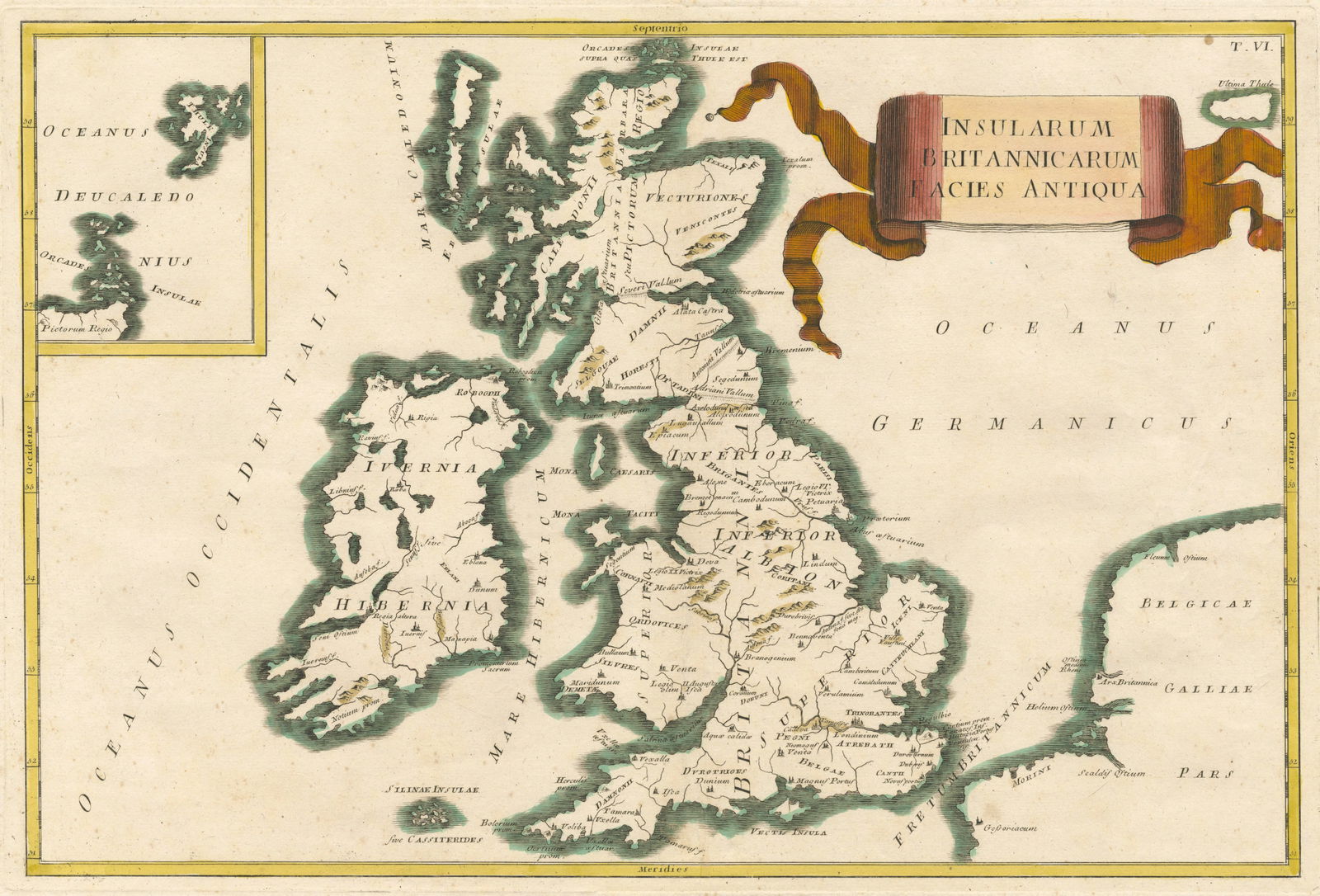 Insularum Britannicarum Facies Antiqua: Wonderful ancient map of the British Isles, based upon 2000-year-old cartography. Artist: Cellarius Date: c.1750 Medium: Hand-coloured engraving Size: 31 x 45.5 cm Condition: Some foxing in the margin