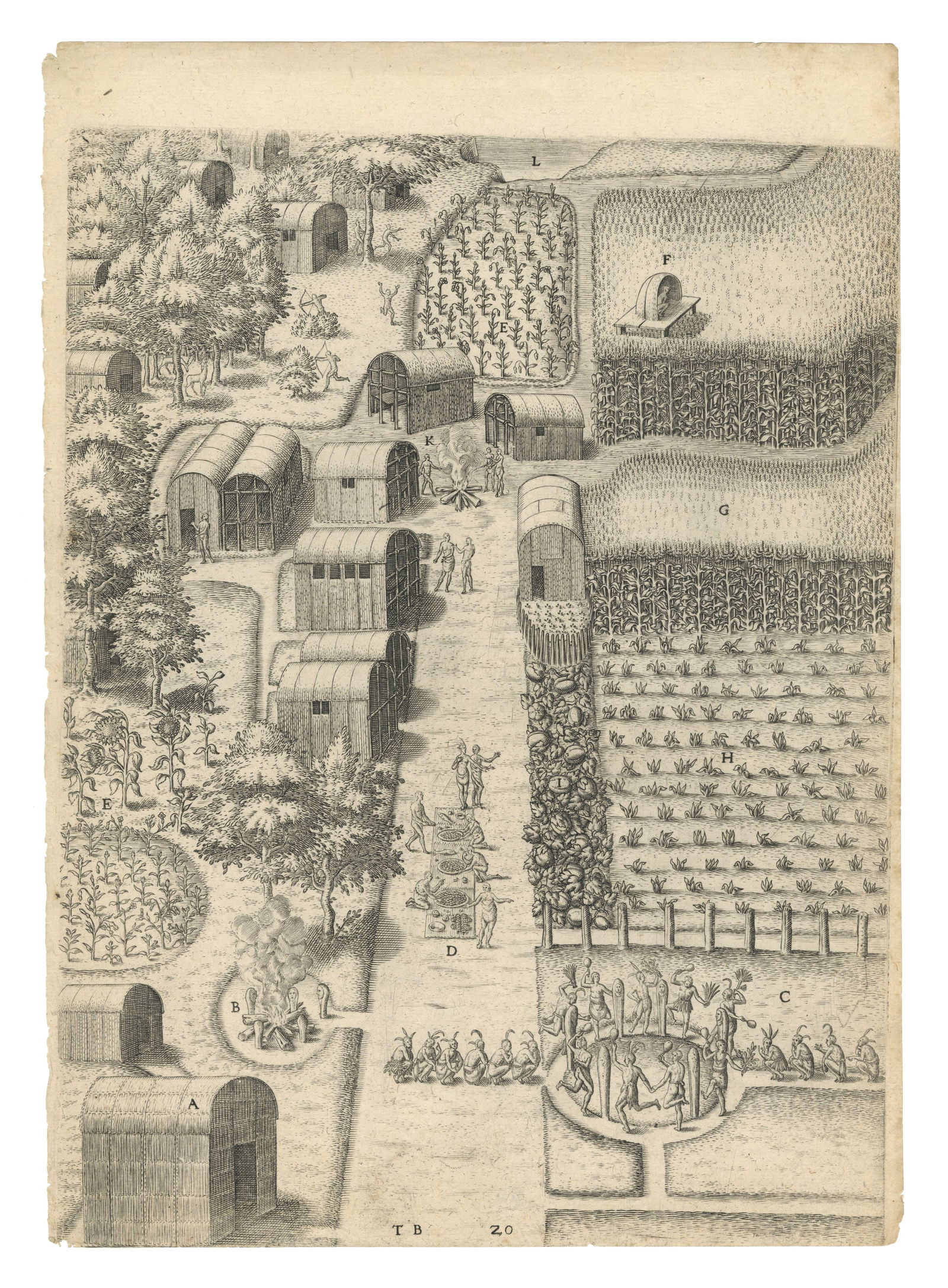 Secoton Village, North Carolina by De Bry, A Briefe and True Report of the New Found Land of Virgini: This exquisite line engraving by Theodor de Bry, based on a watercolour by John White, depicts the Native American village of Secoton in North Carolina. It provides a fascinating glimpse into the dail