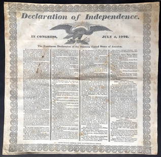 Declaration of Independence ca. 1830s large muslin handkerchief letterpress printing: Boston: Henry Bowen's Chemical Print, Ca. 1835. 18.5 x 18.75 inches (height x width), very good, light foxing and tanning, some small dark brown stains to lefthand column, very short repaired tear to