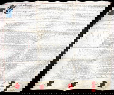 Large vellum 1775 rental agreement, Portland Place London signed by architects Robert & James Adam: Parchment, 24 x 20 inches, very good, usual folds, boldly signed by architects Robert and James Adam, the builder Thomas Nicholl, and additionally signed by the owners Beaumont Hotham, 2nd Baron Hotha