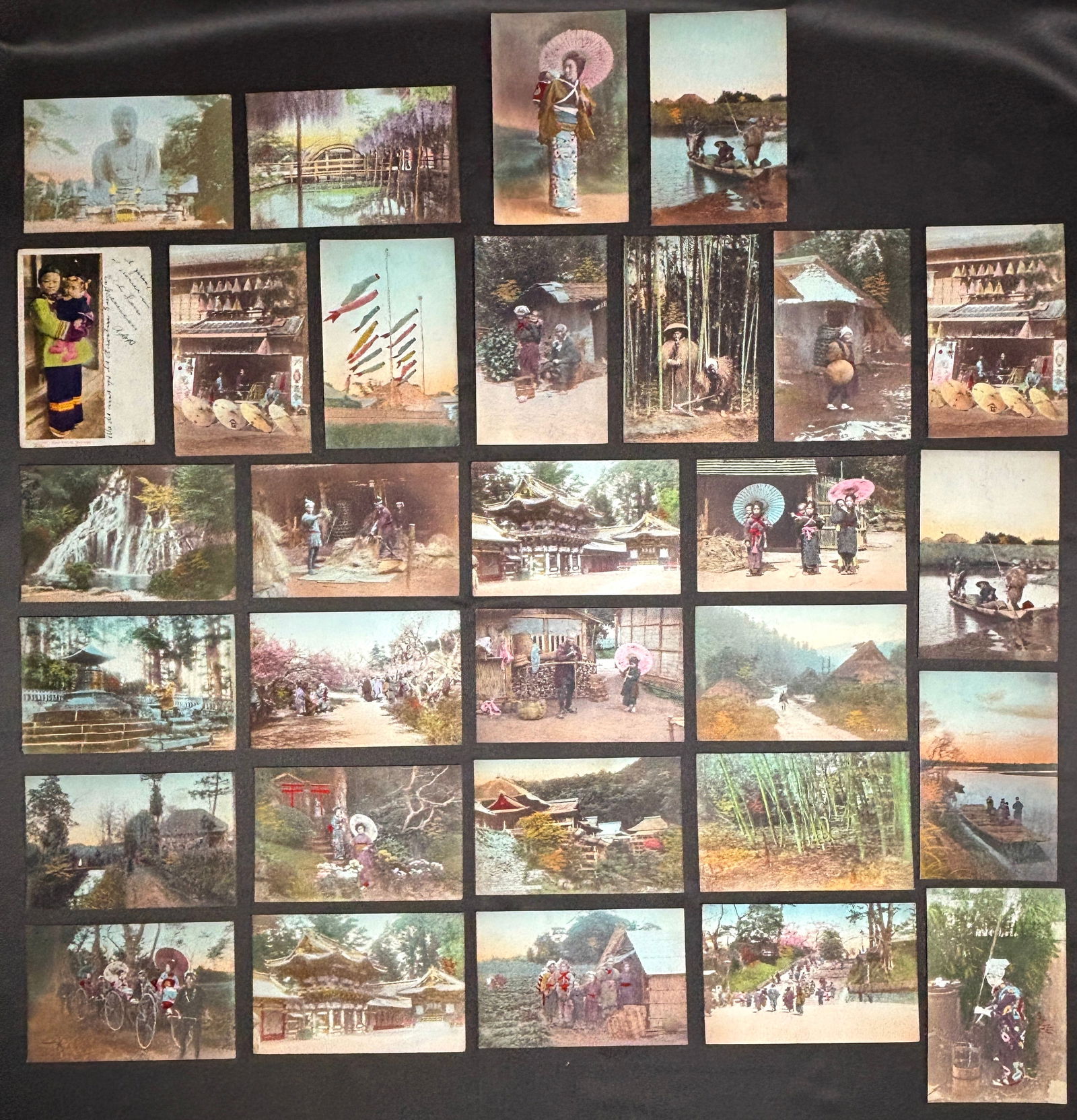 30 colorized photo postcards of Japan, early 1900s: All in very good condition, mainly printed in Japan and distributed by Manila Trading & Supply Co. of Cleveland, OH, almost all unused (no messages, addresses, postmarks, stamps). The Manila Trading C