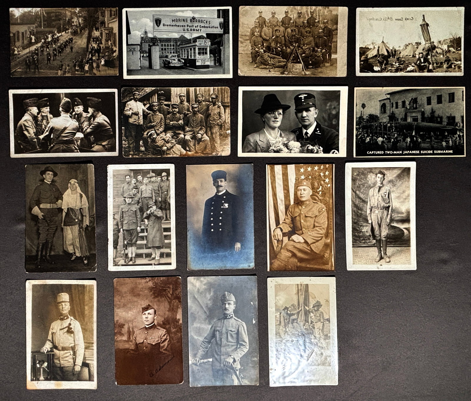 17 military-themed Real Photo Postcards (RPPCs) 1900s-1940s: Berlin/ Canada/ Romania/ Russia: Emil Strebel/ A. Ehart, et al. ca. 1900s-40s. Group of 17 Military themed post cards, ca. 1900s-40s, mostly printed in Berlin, Canada, Romania, the US, and R