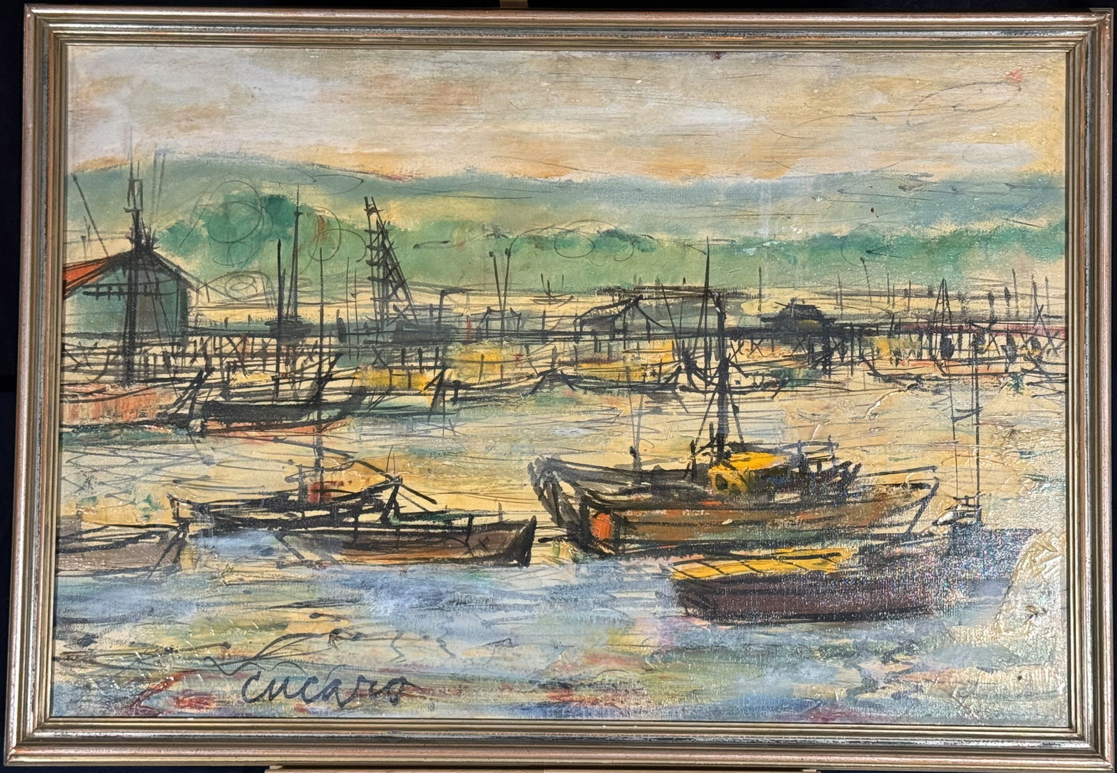 Cucaro (Pascal), Signed Impressionistic Painting of Boats in a Harbor: Very nice Pascal Cucaro scene of boats in a harbor. *** The painting is in very nice condition, and will look great in your home. *** Go to Artnet and www.cucaro.com to read about the artist: paraphra
