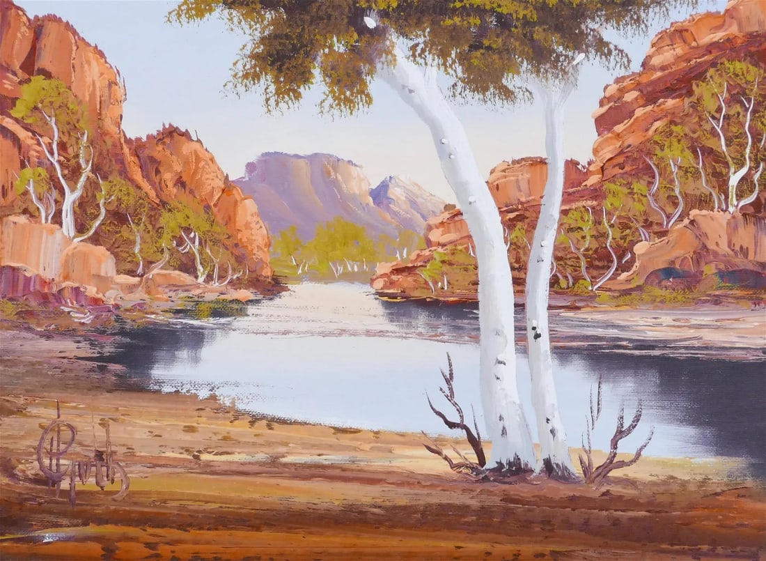 LANDSCAPE ART - Henk Guth - Ormiston Gorge, 1995 - OIL ON BOARD, 12x16: LANDSCAPE ART - Henk Guth - Ormiston Gorge, 1995 - OIL ON BOARD Henk Guth (1921-2003) Ormiston Gorge, 1995 Oil on board • Board Dimensions: 12” x 16” • Frame Di