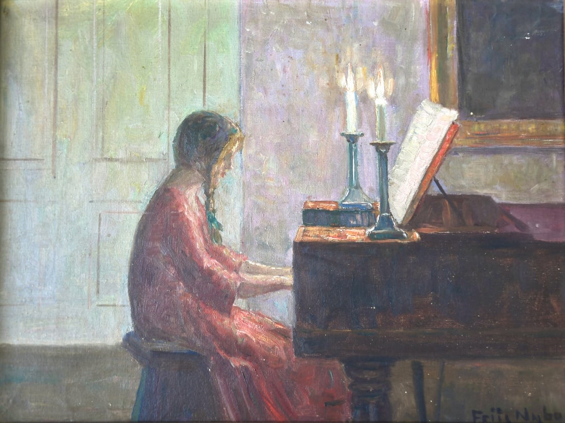 EUROPEAN ART: Poul Friis Nybo: Interior with girl at the piano, signed, Oil on canvas, 12x16 (1 of 5)