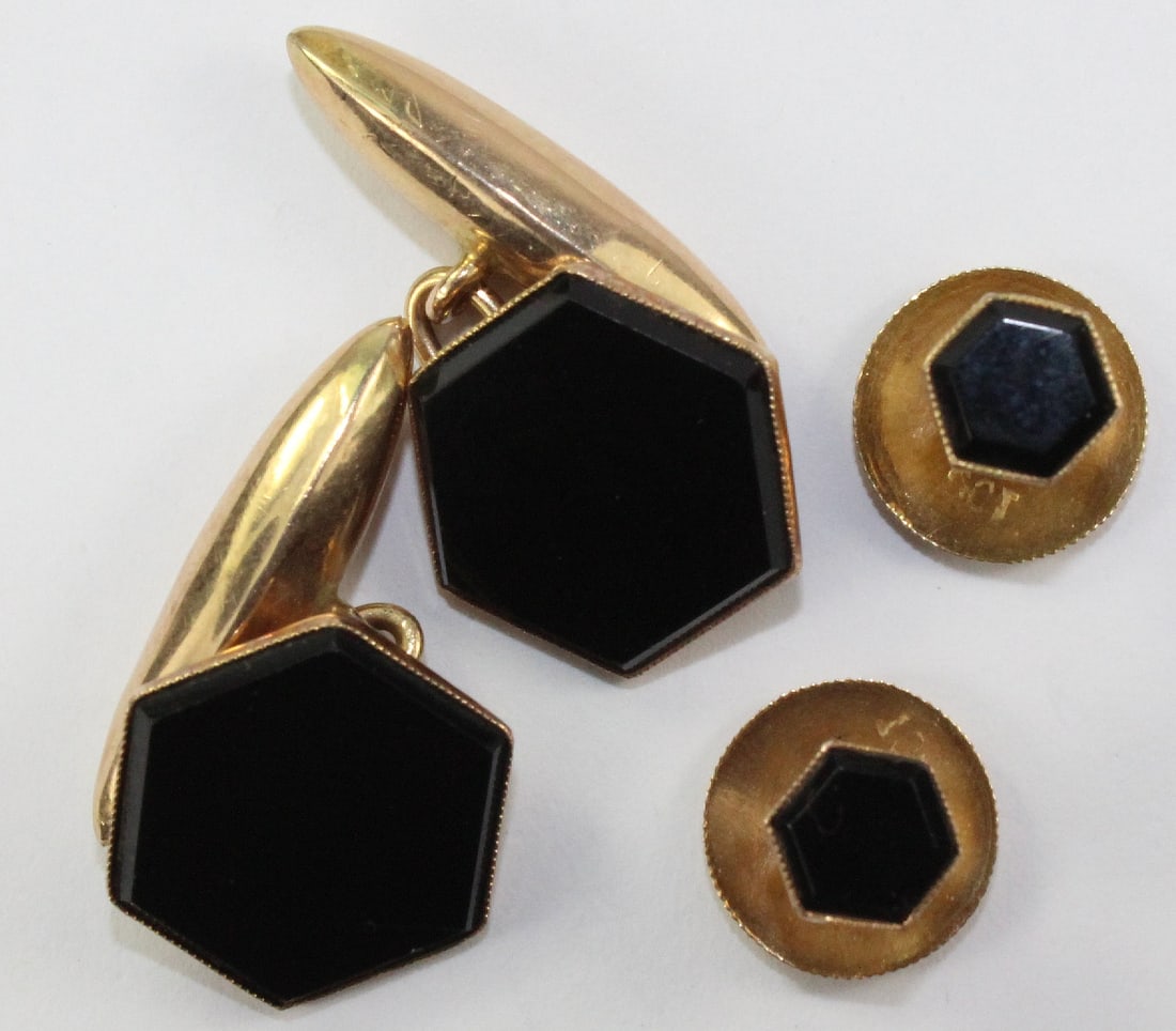 Antique Hexagon Cufflinks and Matching Button Studs in 9ct Gold with Black Glass inserts (4 items) (1 of 1)