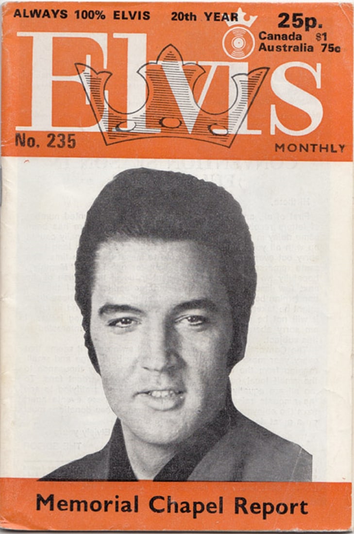'Elvis' Monthly No. 235 (August 1979) - Posthumous edition: 'Memorial Chapel' Report Medium Memorabilia Provenance Published by World Distributors (Manchester) Ltd.