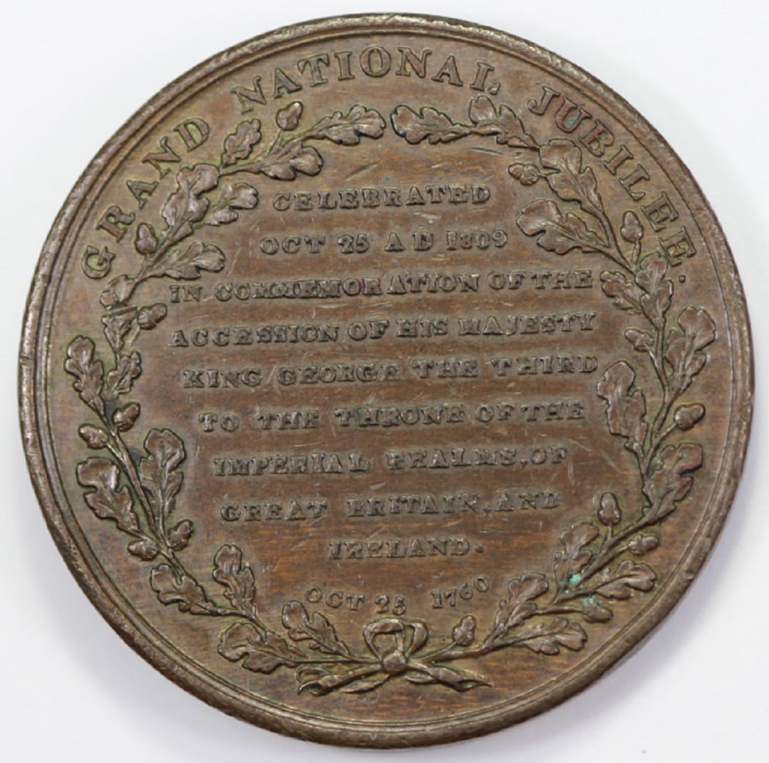 Great Britain 1809 George III 'Grand Jubilee Medal' in Bronze, good Extremely Fine: Scarce Struck to commemorate the 'Accession of His Majesty King George the Third to the Throne/Oct 25 1760' Size Diameter 39.5mm Medium Coins, Monies & Stamps Exhibited Medals, Commemorative