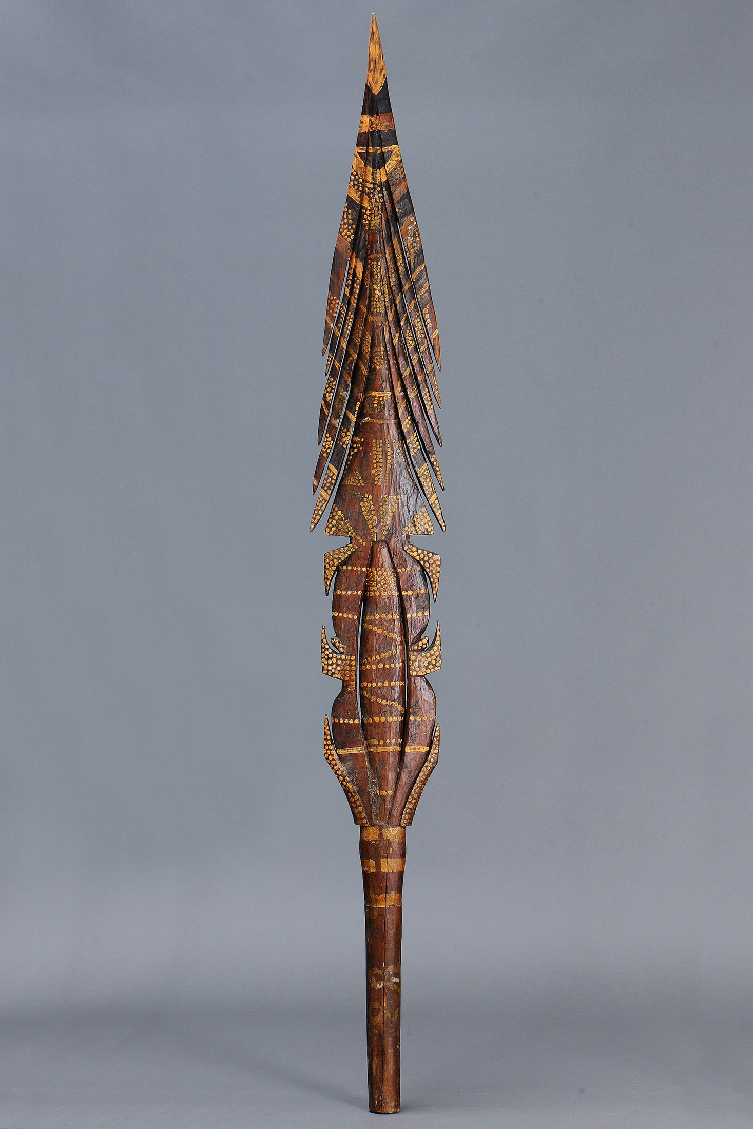 EARLY LARGE TIWI CEREMONIAL DANCE WAND FROM MELVILLE & BATHURST ISLANDS, NORTHERN TERRITORY: Early Large Tiwi Ceremonial Dance Wand, Tiwi Group, Melville and Bathurst Islands, Northern Territory. Carved and engraved hardwood with natural earth pigment. Size Approx L160 x 20cm. Medium Indigeno