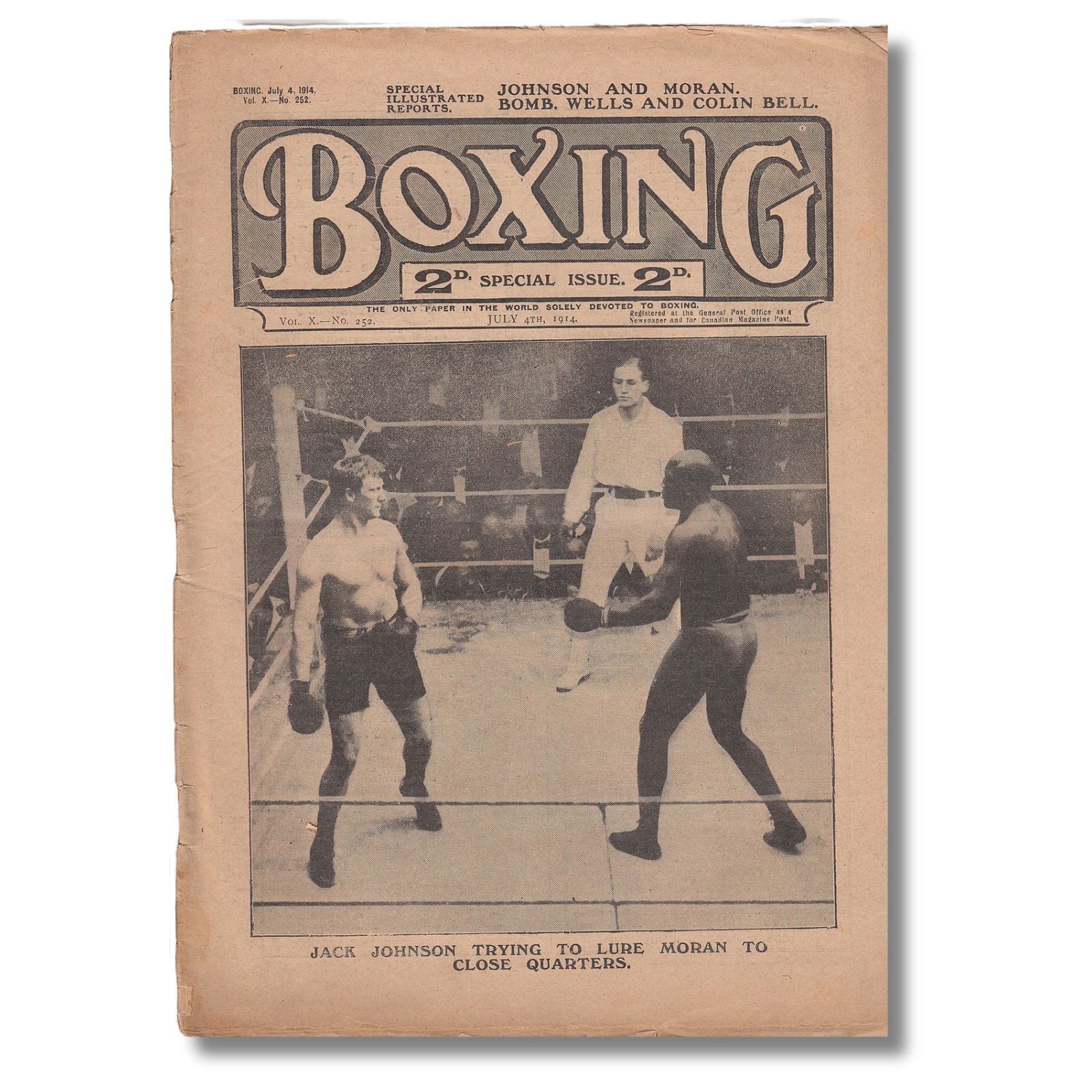 'Boxing' magazine July 4, 1914 featuring 'Jack Johnson' (40 pages): 'Jack Johnson trying to lure Moran to close quarters.' Size 29 x 21cms Medium Memorabilia Exhibited Sports, Boxing