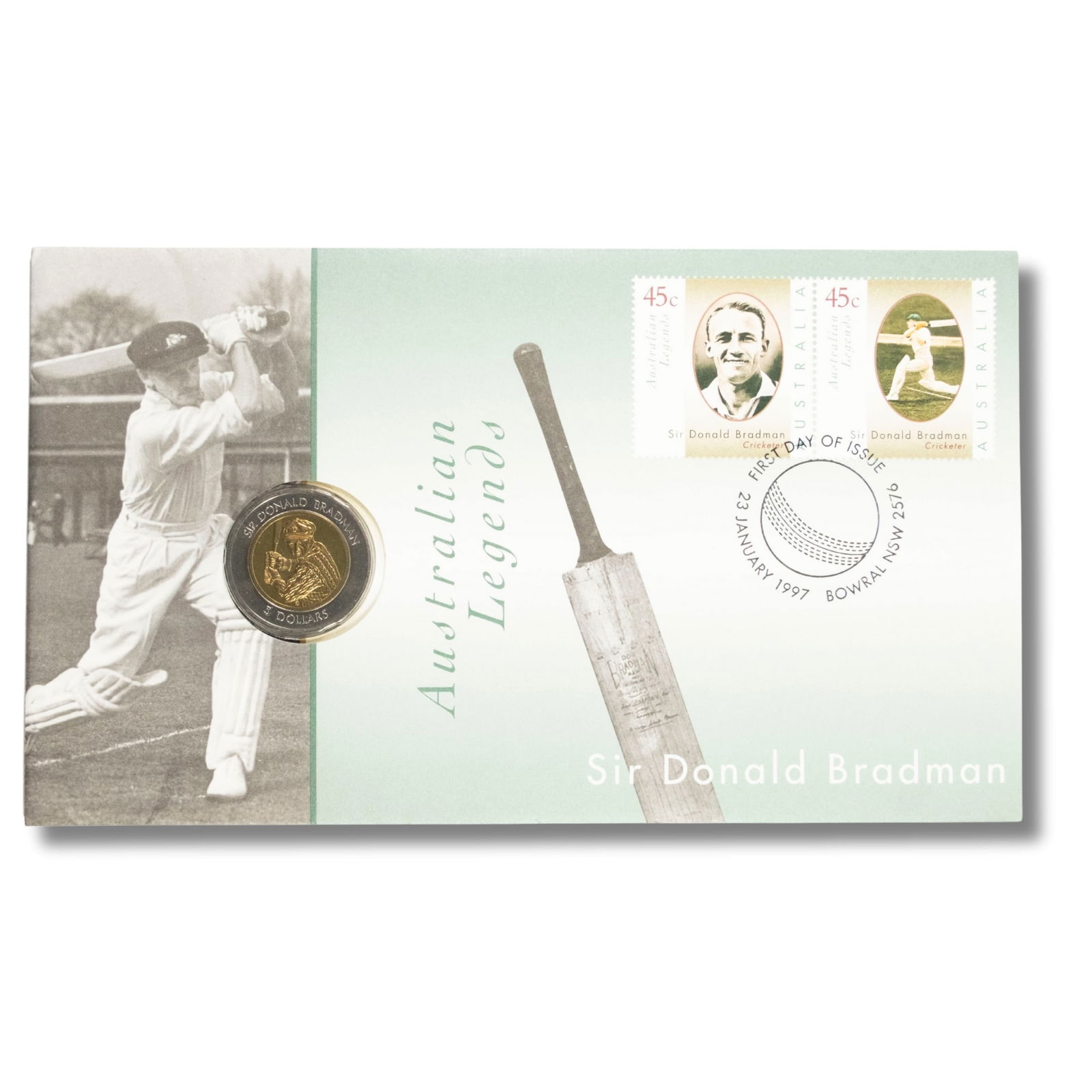 Australia 1997 Sir Donald Bradman Tribute PNC, Cu/Ni $5 (1 of 2)