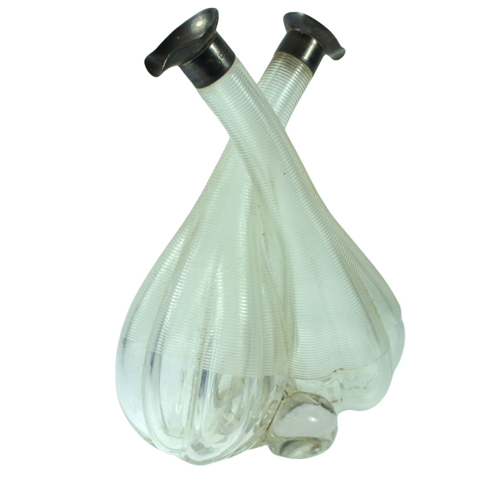Antique Dual-fluted Glass Oil & Vinegar Pouring Vessel with Sterling (925) Silver Tops: Very Useful Size Stands 16cms Medium Silver & Vertu Exhibited Bottles, Decanters & Flasks