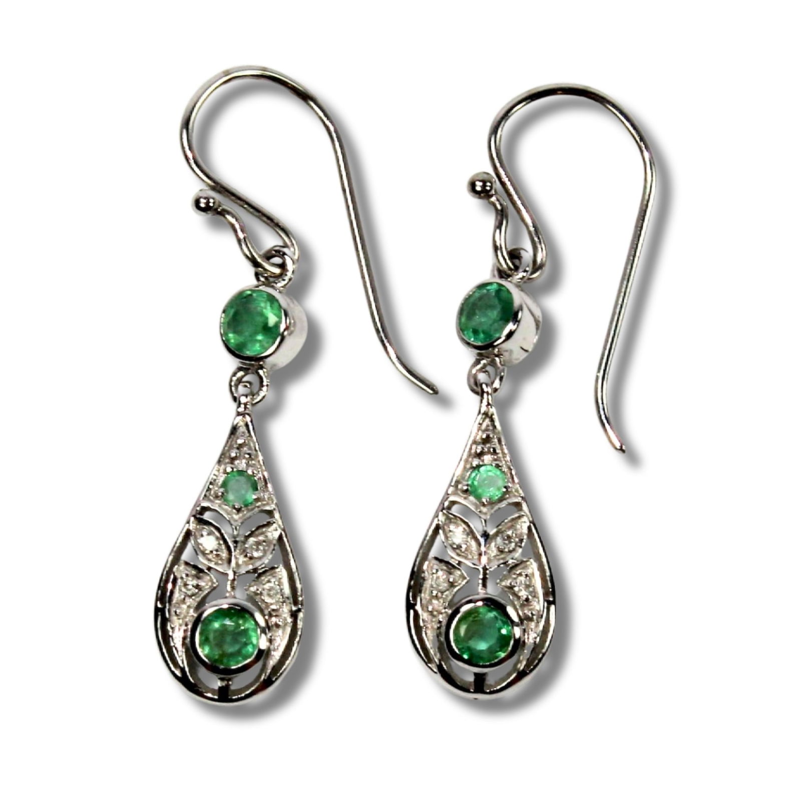 Emerald & Diamond Drop Earrings in 9ct White Gold (Pair) (1 of 2)