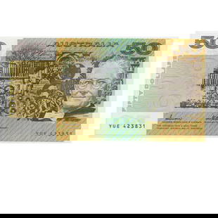 Australia 'Johnston - Fraser' YUE - First Prefix OCR-B Serials $50 (1985), Uncirculated OPQ: Renniks# 509bF : Serial# YUE 423831. Catalogues at $1,100 in Renniks 2019 Edition Condition O(riginal) P(aper) Q(uality) Medium Coins, Monies & Stamps Exhibited Paper Money, Australia & New Zeala