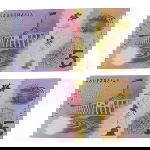 Australia 'Stevens - Fraser' AA16 - First & EJ16 - Last Prefix $5 (2016), Uncirculated (2 Notes): Renniks# 224F & R224L : Serial# AA160929823 & EJ161406523 Medium Coins, Monies & Stamps Exhibited Paper Money, Australia & New Zealand